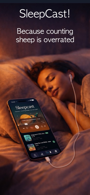SleepCast shown beside a person relaxing at bedtime