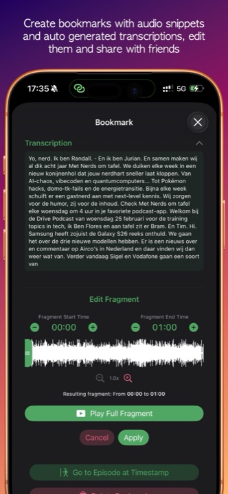 SleepCast bookmark fragment editor and transcript