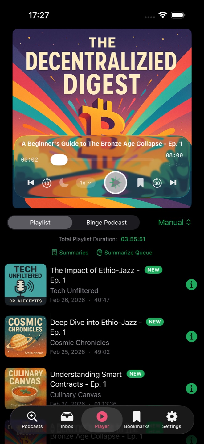 SleepCast player showing the current podcast and the upcoming episode queue